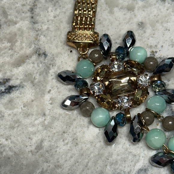 J Crew Gold Tone Statement Bib Necklace Green Amber Crystal Cluster Chain Floral - Picture 6 of 12